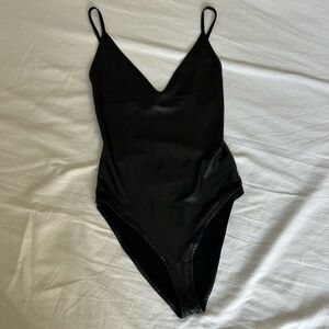 Black V Neck Spaghetti Strap Bodysuit